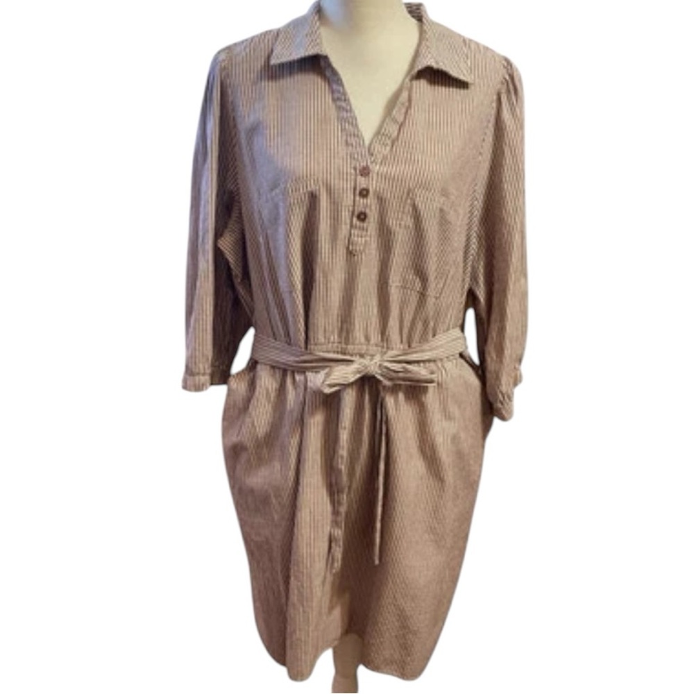 Torrid Womens Shirt Dress Vertical Striped Pockets Brown White 2X Preppy Career